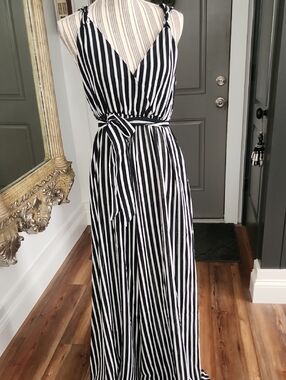 Black and White Striped V-Neck Maxi Dress